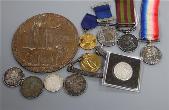 A death plaque, WWI pair, an India medal, medallions and coins etc.